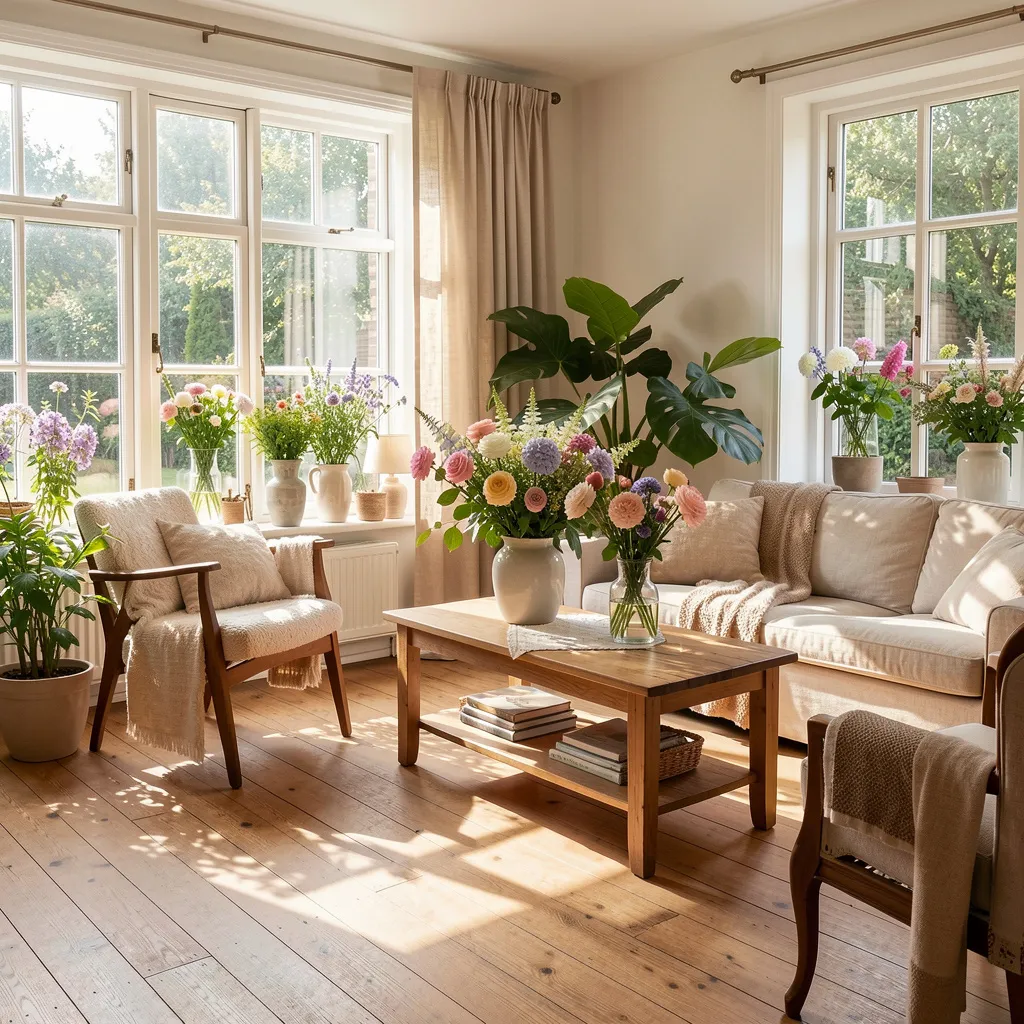 Woonkamer met natuurlijke bloemstukken